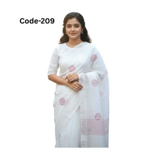 Semi Muslin Silk White and Red Saree with Attached Blouse